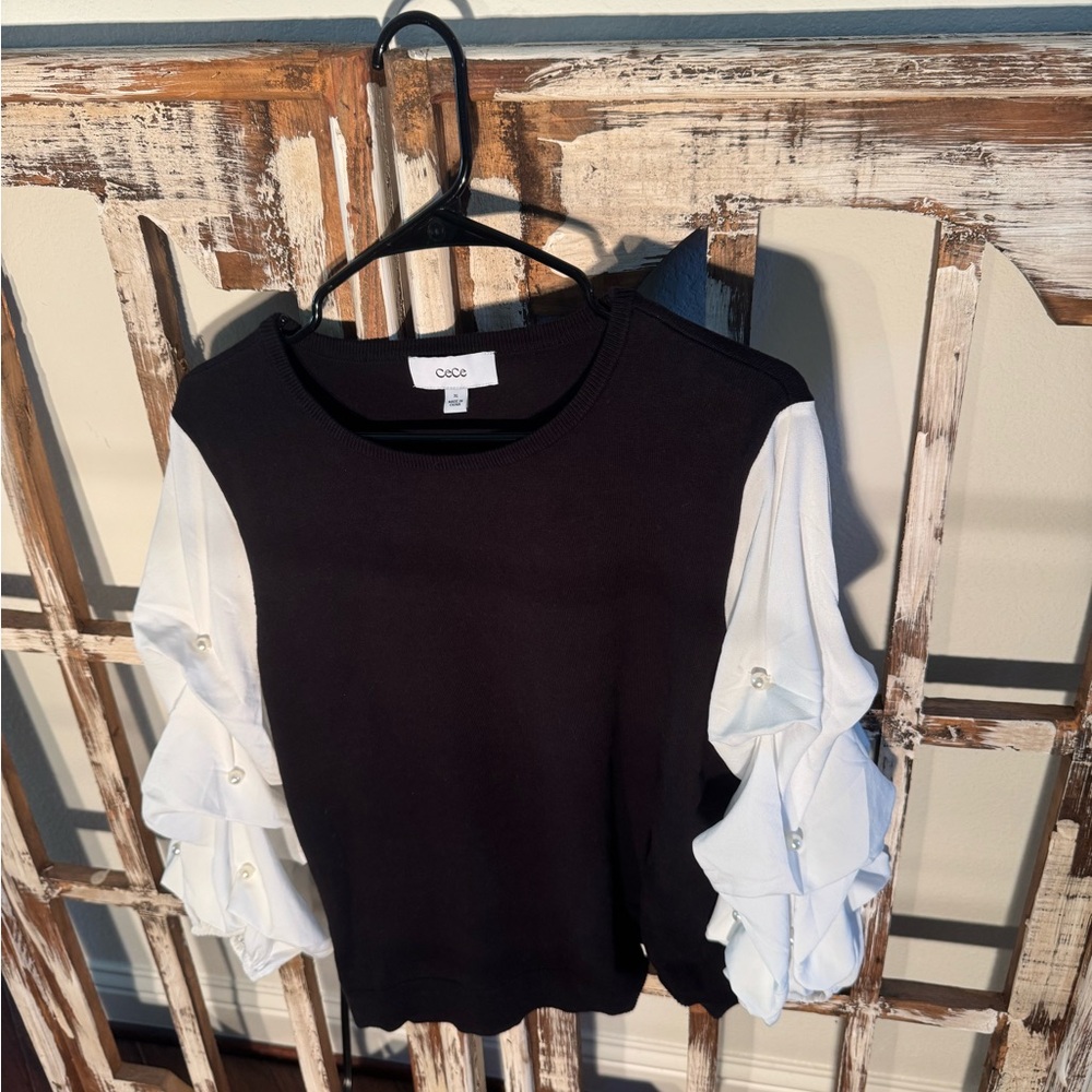 CeCe Black and White Ruffle Sleeve Blouse w/Pearls on Sleeves